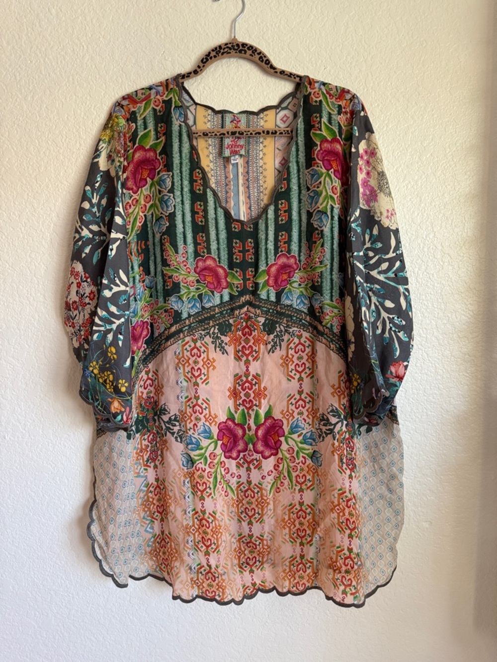 Johnny Was Multicolor Floral Patchwork Tunic - Green, Pink, Peach 1x